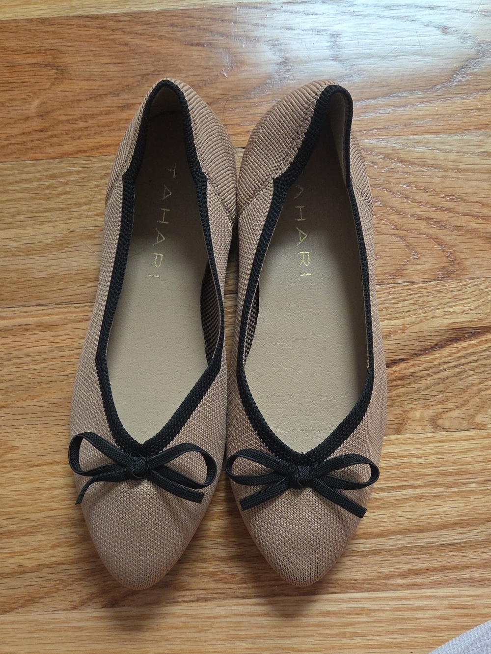 Tahari Tan Pointed Ballet Flats with Black Bow